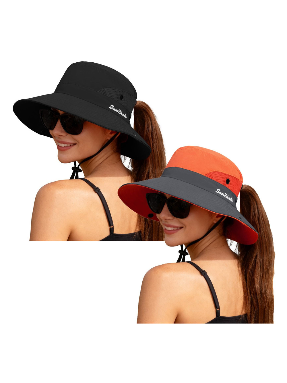 Women's Ponytail Safari Sun Hat,Wide Brim UV | Black, Orange | Size 6 3/4-6 7/8